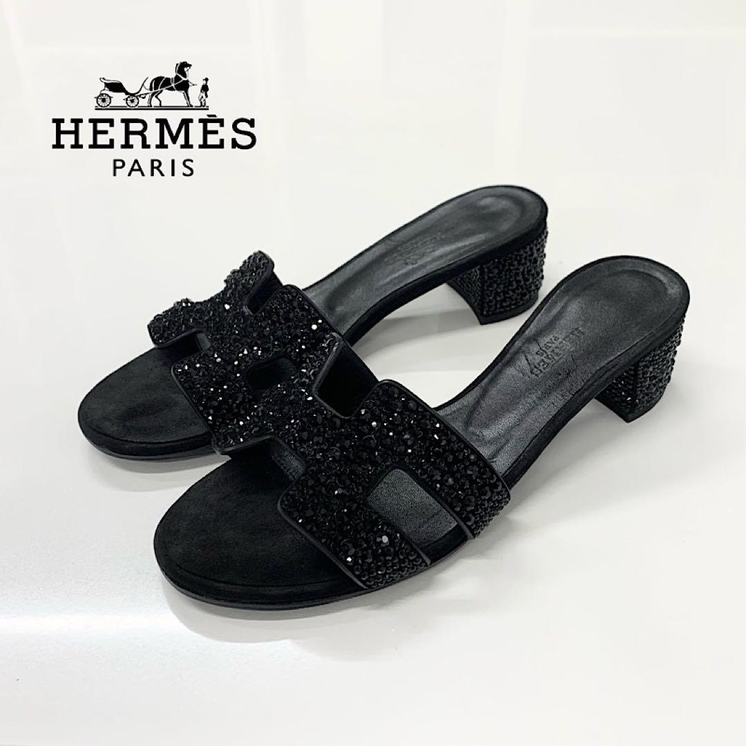 Hermes Oasis Leather Rhinestone Sandals Black