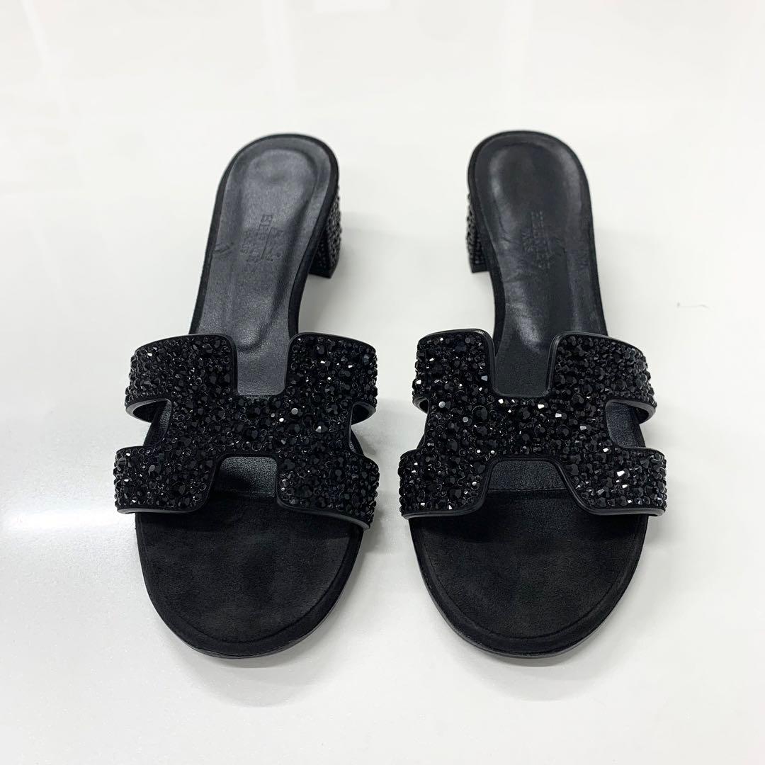 Hermes Oasis Leather Rhinestone Sandals Black — view 2