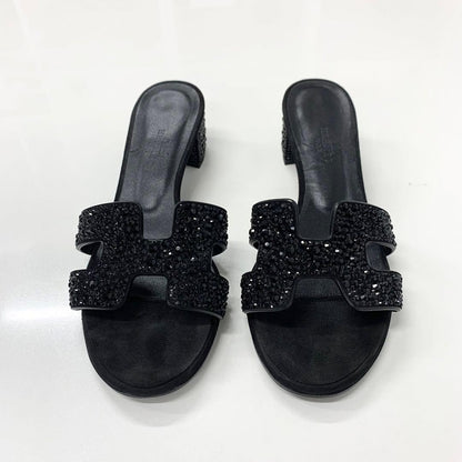 Hermes Oasis Leather Rhinestone Sandals Black — view 2