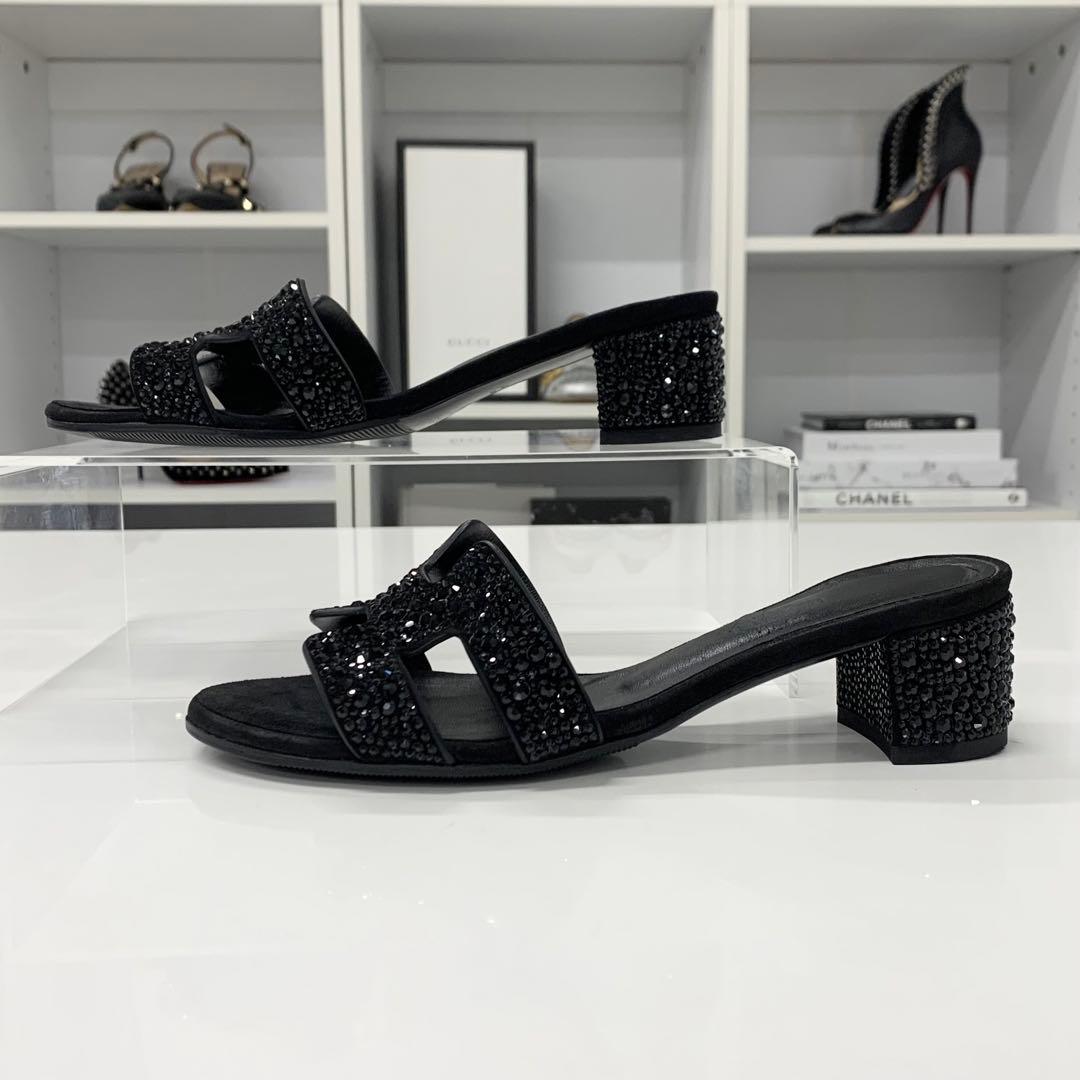 Hermes Oasis Leather Rhinestone Sandals Black — view 3