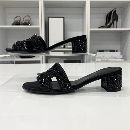 Hermes Oasis Leather Rhinestone Sandals Black — view 3