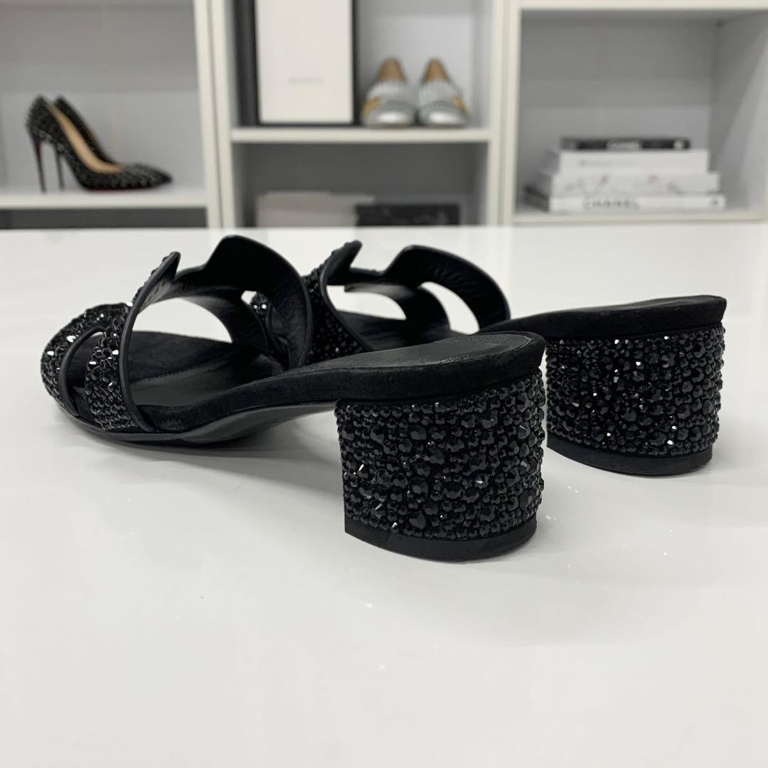 Hermes Oasis Leather Rhinestone Sandals Black — view 4