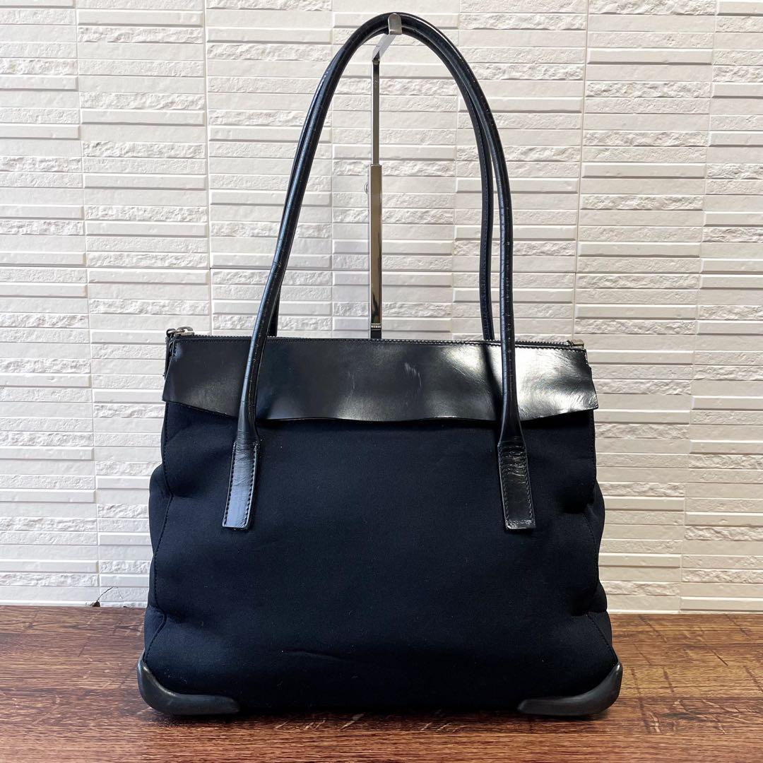 Prada Logo Cotton Leather Hand Shoulder Tote Black