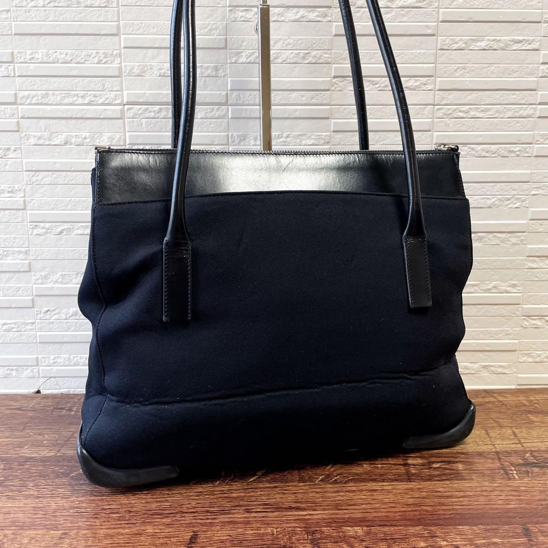Prada Logo Cotton Leather Hand Shoulder Tote Black