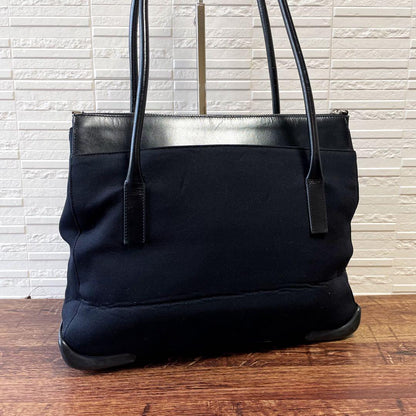 Prada Logo Cotton Leather Hand Shoulder Tote Black