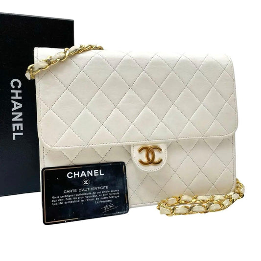 Chanel Lambskin Quilted Chain Shoulder Bag CC Logo White