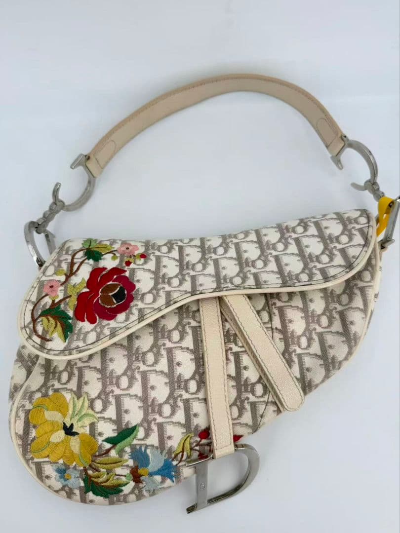 Dior Saddle Bag Trotter Floral Embroidery White