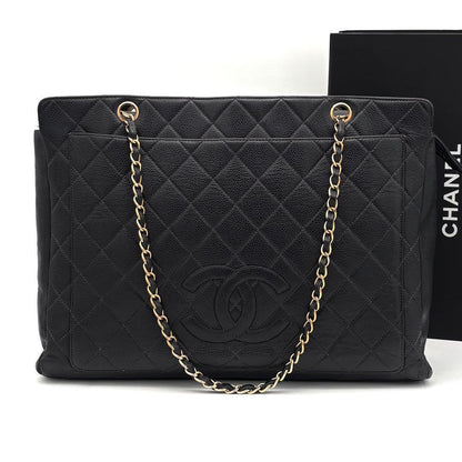 Chanel Quilted Big Coco Chain Tote Gold Caviar Leather