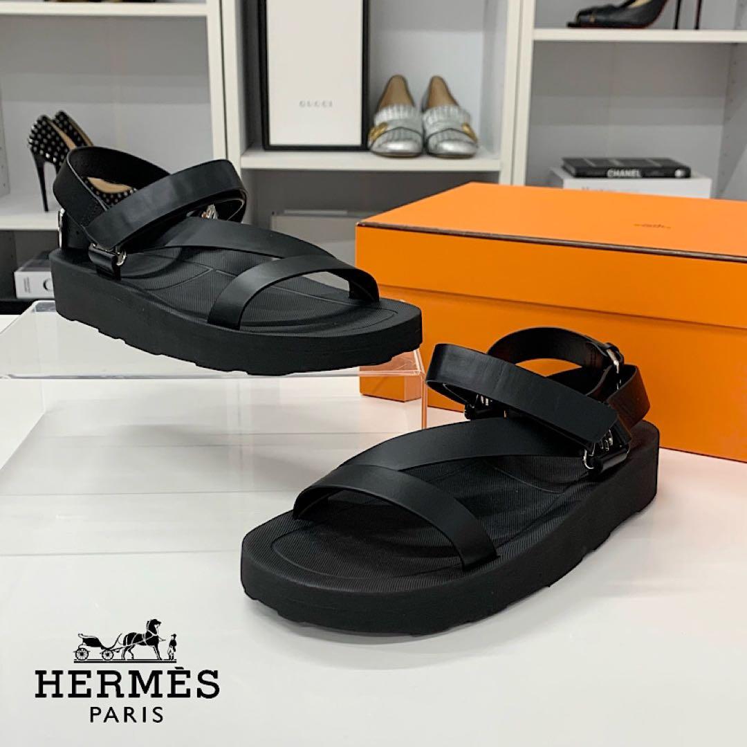 Hermes Enid Leather Diamant Buckle Velcro Strap Sandals