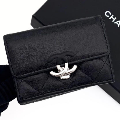 Chanel Lambskin Half Coco Black Trifold Wallet Compact