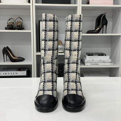 Chanel Tweed Leather CC Logo Long Boots White Black — view 2