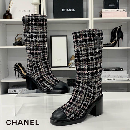 Chanel CC Logo Tweed Long Boots Black Multicolor