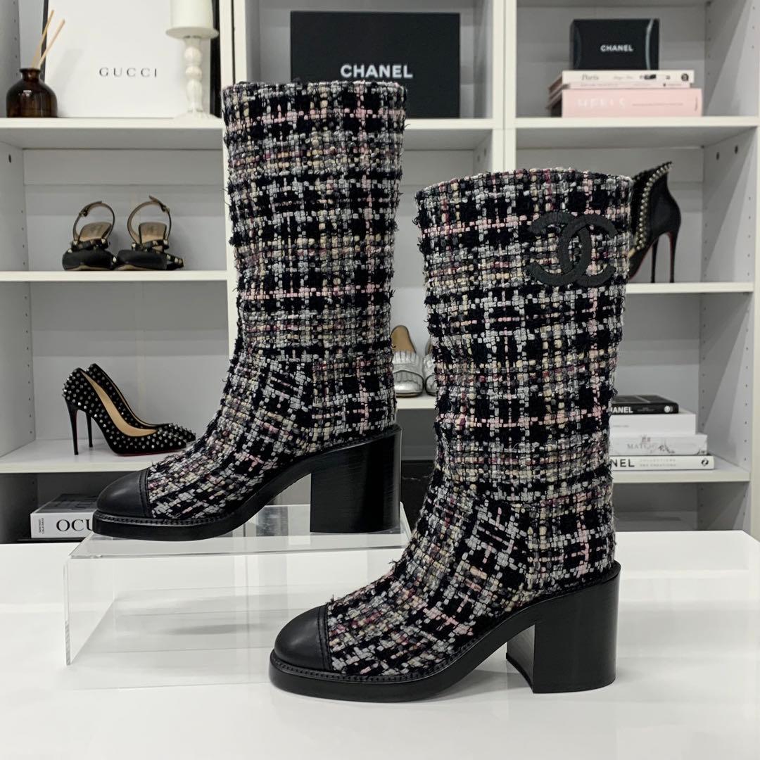 Chanel CC Logo Tweed Long Boots Black Multicolor — view 2