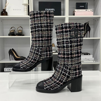 Chanel CC Logo Tweed Long Boots Black Multicolor — view 2