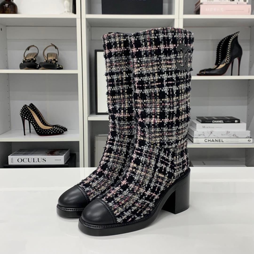 Chanel CC Logo Tweed Long Boots Black Multicolor — view 3