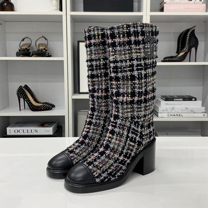 Chanel CC Logo Tweed Long Boots Black Multicolor — view 3