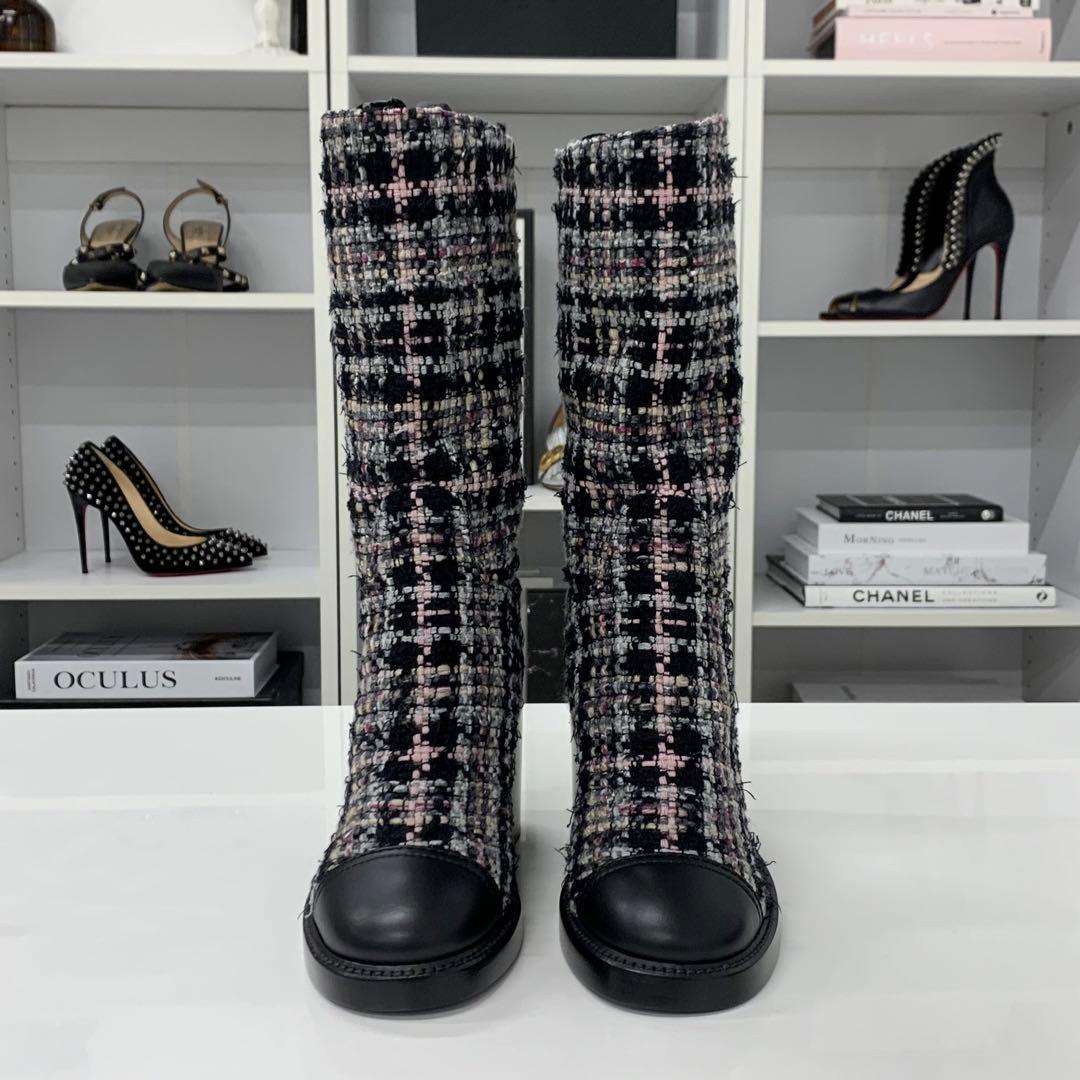 Chanel CC Logo Tweed Long Boots Black Multicolor — view 4