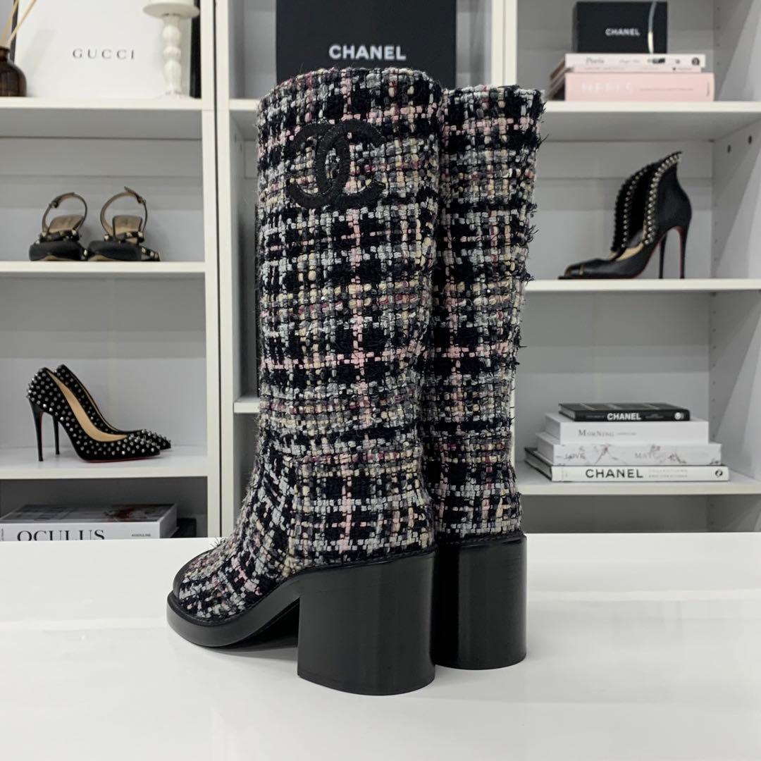 Chanel CC Logo Tweed Long Boots Black Multicolor — view 5