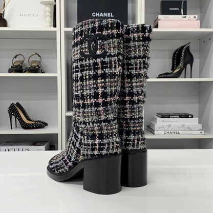 Chanel CC Logo Tweed Long Boots Black Multicolor — view 5