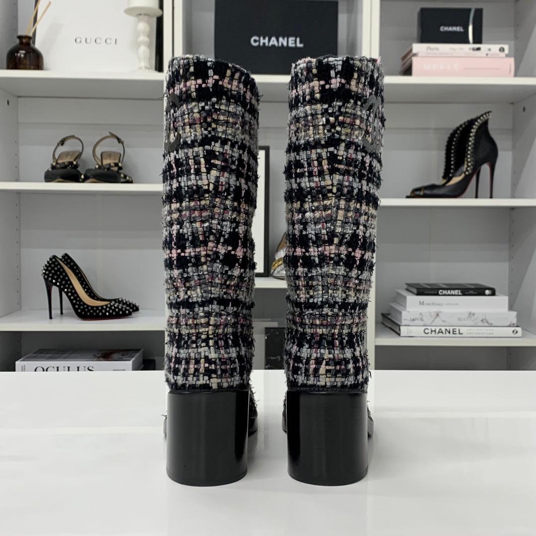 Chanel CC Logo Tweed Long Boots Black Multicolor — view 6