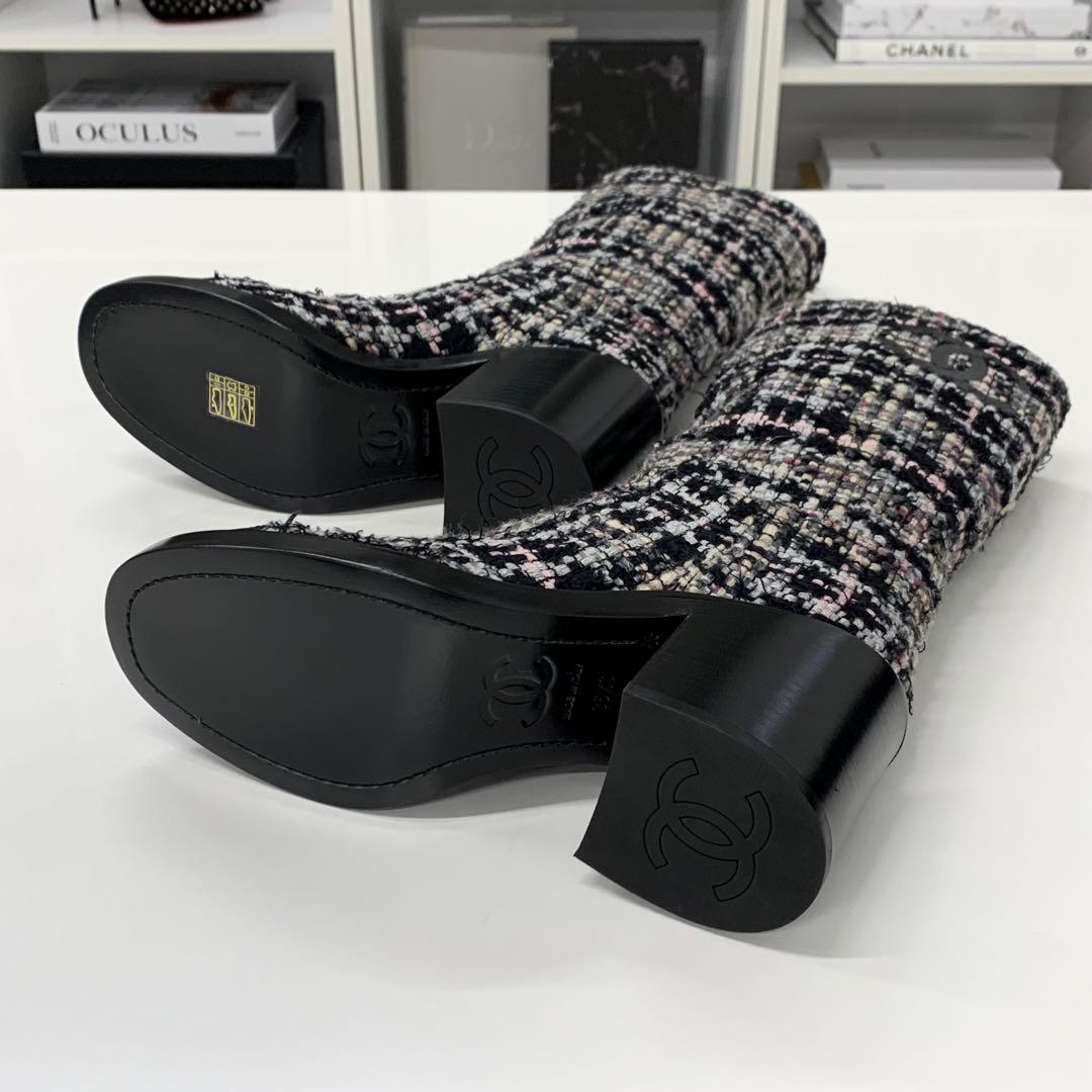 Chanel CC Logo Tweed Long Boots Black Multicolor — view 7