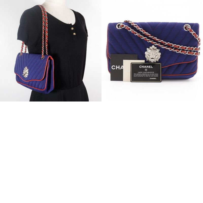 Chanel Double Chain Shoulder V-stitched Lion Chevron Cotton Navy Blue/red
