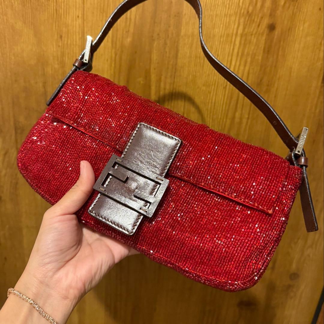 Fendi Baguette Beads Shoulder Bag Red