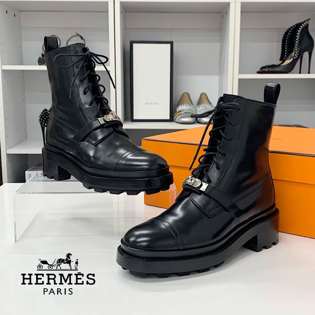 Hermes Funk Leather Kelly Lace Up Short Boots Black