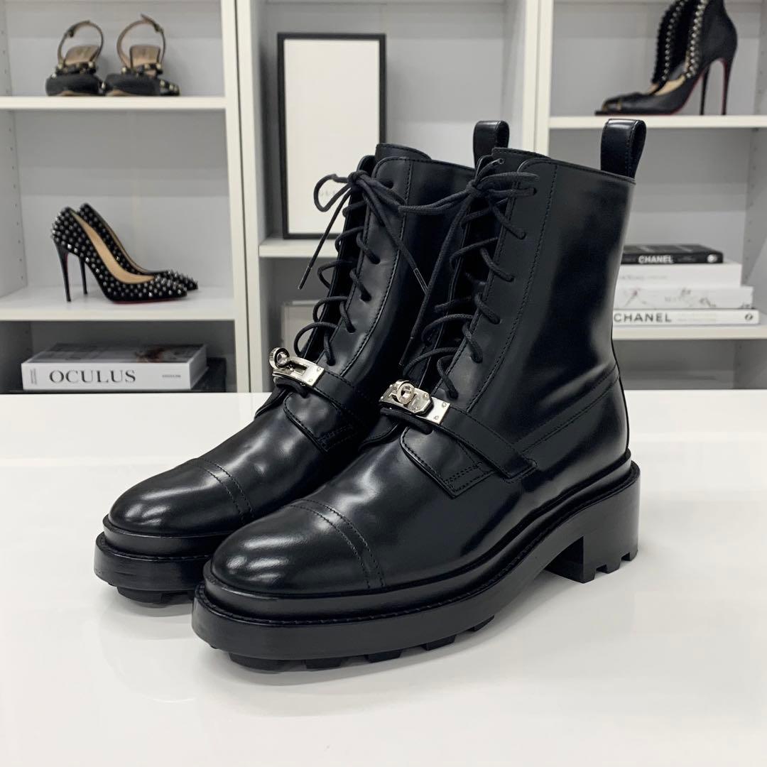 Hermes Funk Leather Kelly Lace Up Short Boots Black — view 3