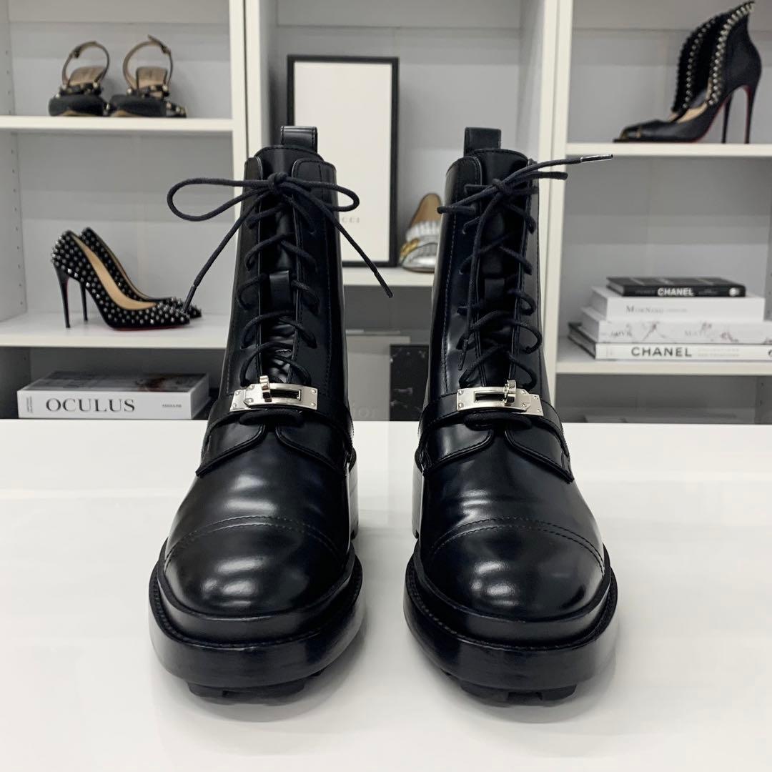 Hermes Funk Leather Kelly Lace Up Short Boots Black — view 4