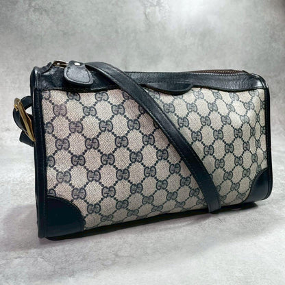 Gucci GG Shoulder Bag Navy Beige Logo Leather