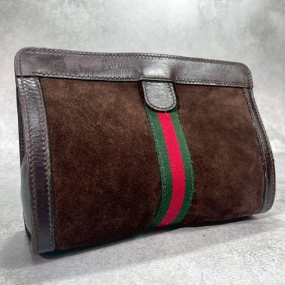 Gucci Sherry Line Clutch Suede Brown Leather