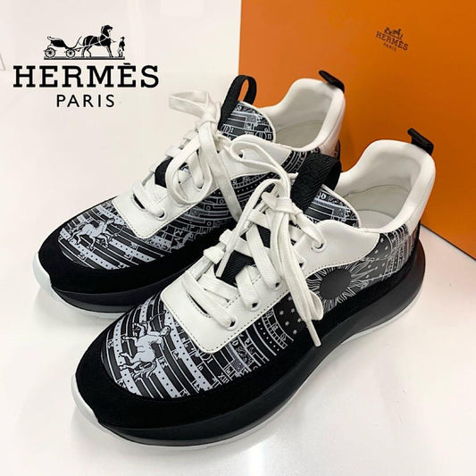 Hermes Glam Leather Bandana Pattern Sneakers Black