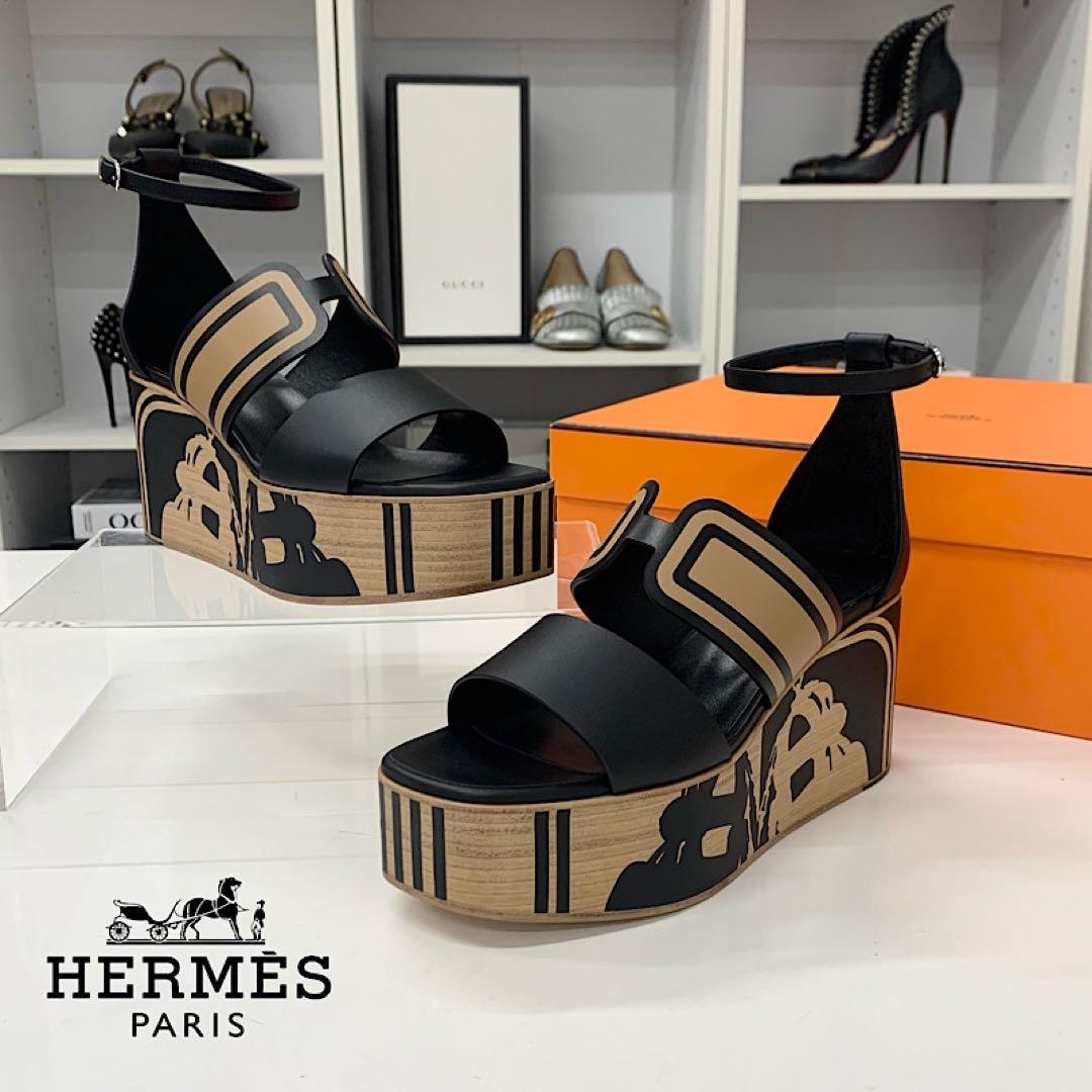 Hermes Charis Leather Wedge Sole Sandals