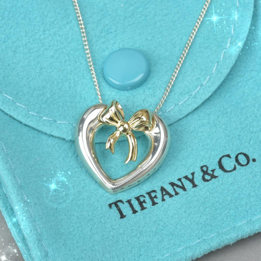 Tiffany & Co 18K Heart with Bow Necklace Silver