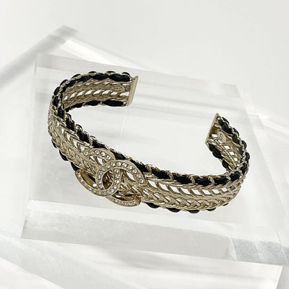 Chanel CC Logo Bangle Rhinestone Leather Bracelet Gold