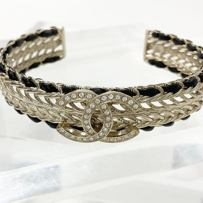 Chanel CC Logo Bangle Rhinestone Leather Bracelet Gold — view 4