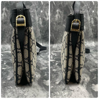Gucci GG Shoulder Bag Navy Beige Leather Logo — view 7