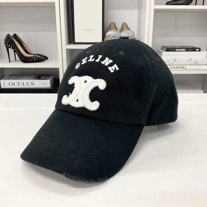 Celine Triomphe Logo Cotton Baseball Cap Distressed Hat