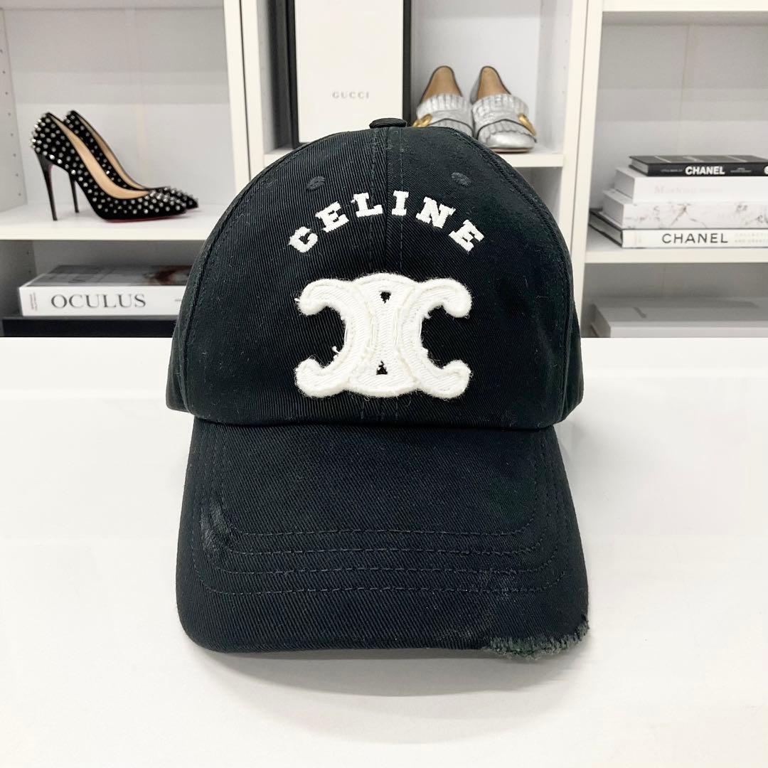 Celine Triomphe Logo Cotton Baseball Cap Distressed Hat