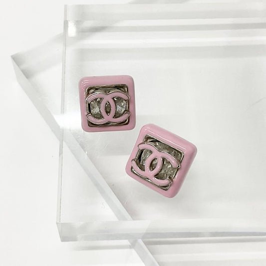 Chanel Earrings Cocomark Square Pink Silver