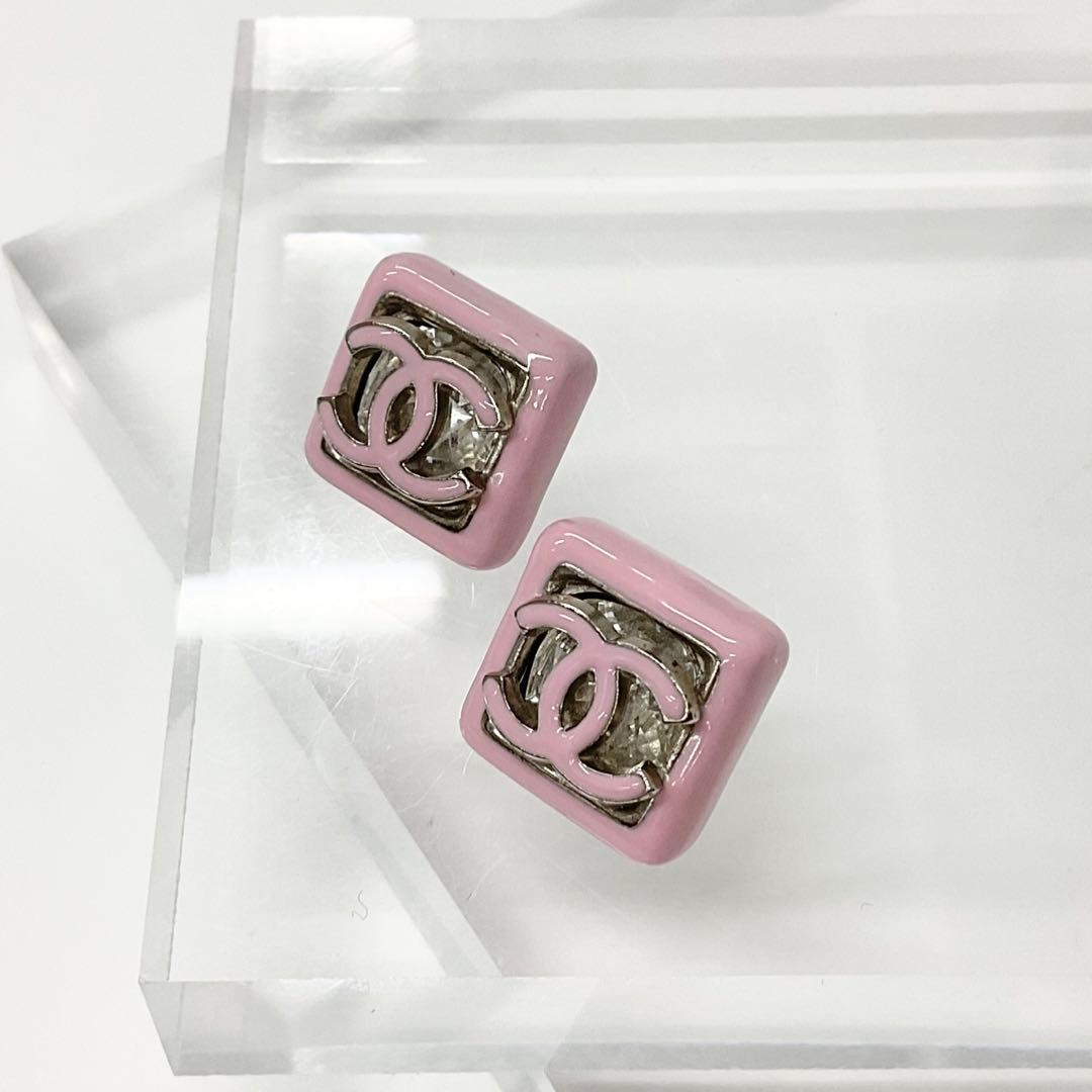 Chanel Earrings Cocomark Square Pink Silver