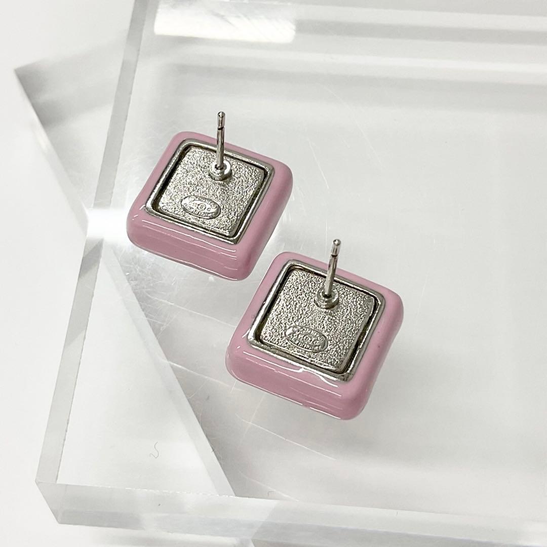 Chanel Earrings Cocomark Square Pink Silver