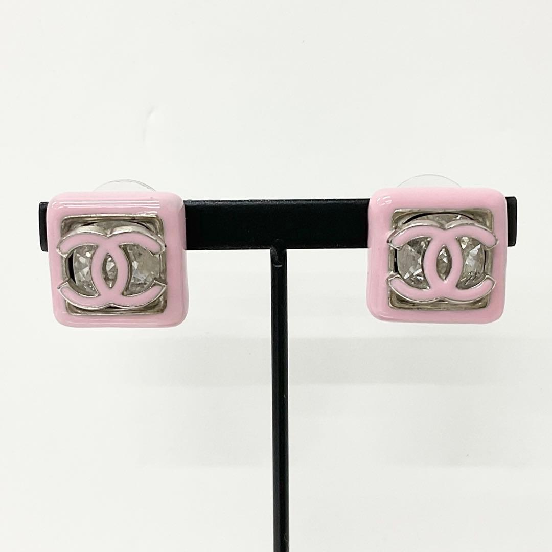 Chanel Earrings Cocomark Square Pink Silver