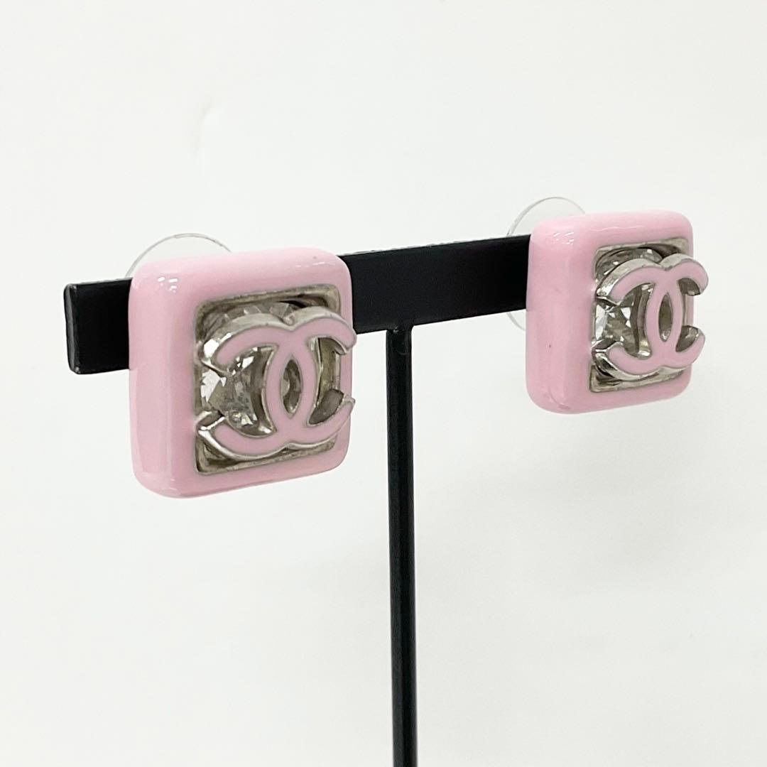 Chanel Earrings Cocomark Square Pink Silver