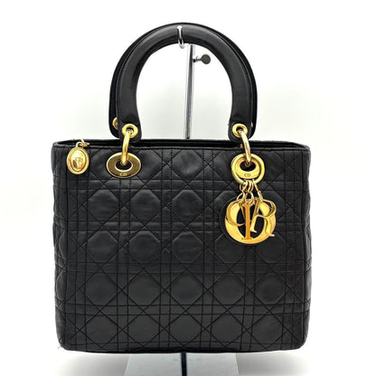 Dior Lady Cannage Black Leather Gold Handbag