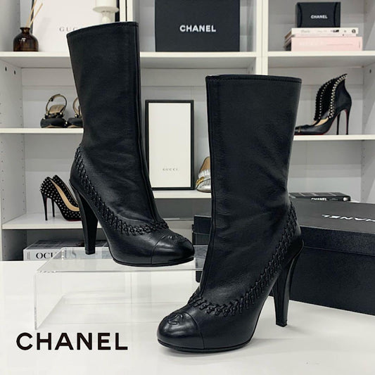 Chanel Leather CC Logo Stitch Middle Boots Black