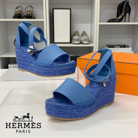Hermes Tipoli Leather Kelly Wedge Sole Sandals Blue