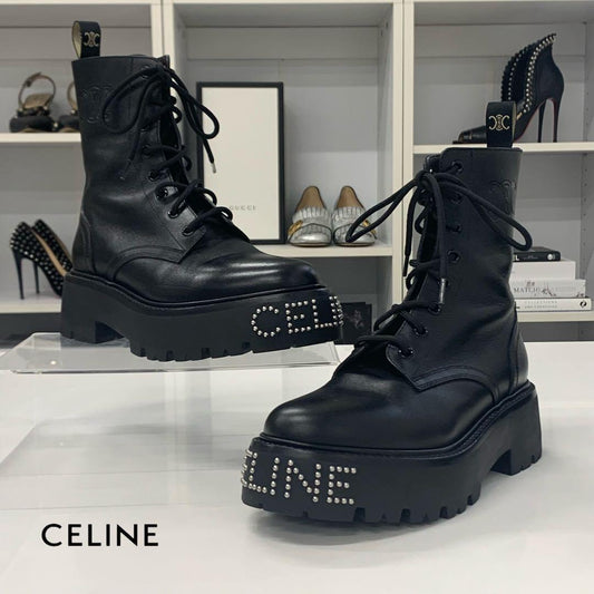 Celine Logo Triomphe Leather Studded Lace-up Short Boots