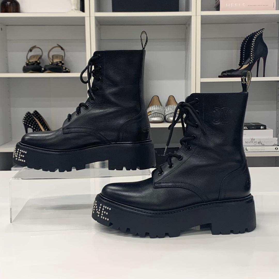 Celine Logo Triomphe Leather Studded Lace-up Short Boots — view 2